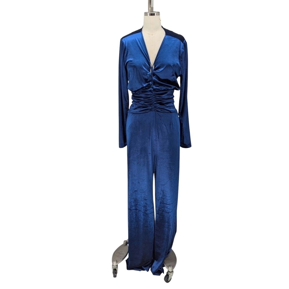 01365 NEW Gabrielle Union Velvet Wide Leg Jumpsuit Blue L retro party cocktail